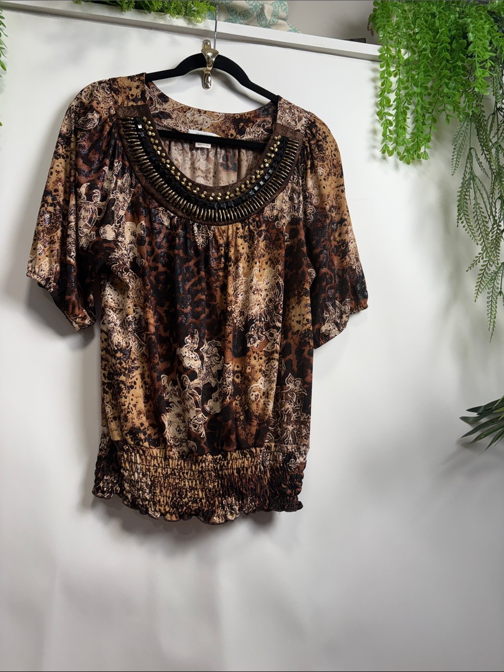 dressbarn Brown & Tan Beaded-Neckline Printed Blouse